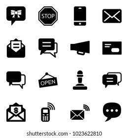 Solid vector icon set - bow message vector, stop road sign, phone, mail, opened, chat, loudspeaker, envelope, dialog, open, pawn, dollar, mobile, wireless