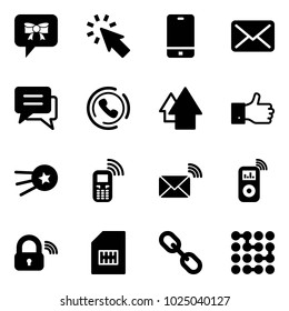Solid vector icon set - bow message vector, cursor, phone, mail, chat, horn, arrow up, finger, first satellite, mobile, wireless, music player, lock, sim, link, circuit