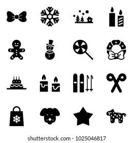 Solid vector icon set - bow vector, snowflake, christmas landscape, candle, cake man, snowman, lollipop, wreath, ski, santa stick, shop bag, dog, star medal, toy horse