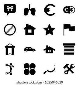 Solid vector icon set - bow message vector, lungs, euro, dollar, no limit road sign, home, star, flag, pennant, limousine, jalousie, bezier, atom core, sickle, wrench hammer