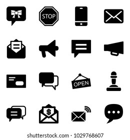 Solid vector icon set - bow message vector, stop road sign, phone, mail, opened, loudspeaker, chat, envelope, dialog, open, pawn, dollar, wireless