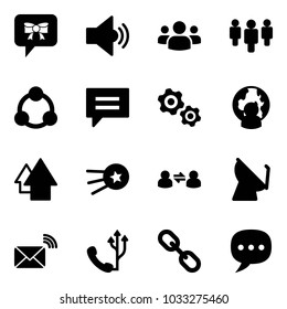 Solid vector icon set - bow message vector, volume medium, group, social, chat, gears, man globe, arrow up, first satellite, information exchange, antenna, wireless mail, phone, link