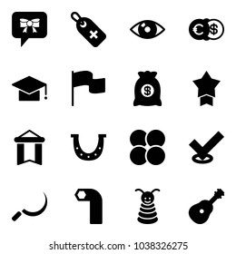 Solid vector icon set - bow message vector, medical label, eye, euro dollar, graduate hat, flag, money bag, star medal, pennant, luck, atom core, check, sickle, allen key, pyramid toy, guitar