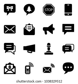 Solid vector icon set - bow message vector, merry christmas, stop road sign, phone, mail, opened, loudspeaker, chat, pawn, dialog, dollar, mobile, wireless