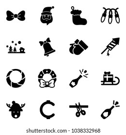 Solid vector icon set - bow vector, santa claus, christmas sock, garland, landscape, bell, gloves, firework rocket, wreath, champagne, sleigh gift, deer hat, cent, opening, fizz