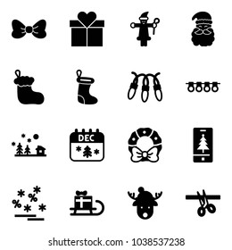 Solid vector icon set - bow vector, gift, santa claus, christmas sock, garland, landscape, calendar, wreath, mobile, sale, sleigh, deer hat, opening