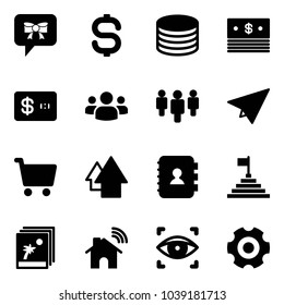 Solid vector icon set - bow message vector, dollar sign, coin, credit card, group, paper plane, cart, arrow up, contact book, pyramid flag, photo, wireless home, eye scanner, gear