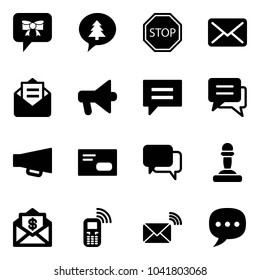 Solid vector icon set - bow message vector, merry christmas, stop road sign, mail, opened, loudspeaker, chat, envelope, dialog, pawn, dollar, mobile phone, wireless