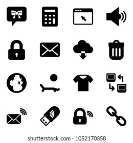 Solid vector icon set - bow message vector, calculator, cursor browser, volume medium, locked, mail, download cloud, trash bin, globe, lounger, t shirt, data exchange, wireless, usb wi fi, lock