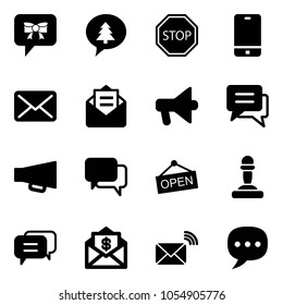 Solid vector icon set - bow message vector, merry christmas, stop road sign, phone, mail, opened, loudspeaker, chat, dialog, open, pawn, dollar, wireless