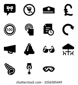 Solid vector icon set - bow message vector, no alcohol sign, doctor hat, pound, speed limit 100 road, hand cursor, history, redo, loudspeaker, bell, sunglasses, outdoor cafe, shell, laser