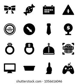 Solid vector icon set - bow vector, candy, schedule, intersection road sign, tax peage, detour, tie, money tree, diamond ring, finger, crown, fingerprint scanner, monitor, basin, brush, joystick