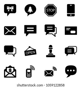 Solid vector icon set - bow message vector, merry christmas, stop road sign, phone, mail, chat, envelope, dialog, open, pawn, dollar, mobile, wireless