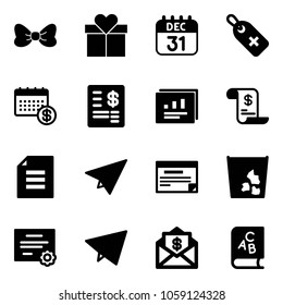 Solid vector icon set - bow vector, gift, 31 dec calendar, medical label, account statement, statistics report, history, document, paper plane, schedule, garbage, certificate, fly, mail dollar