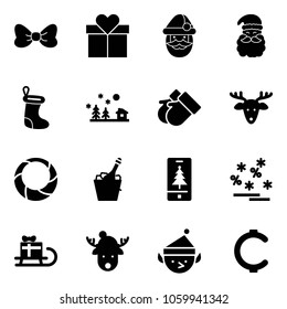 Solid vector icon set - bow vector, gift, santa claus, christmas sock, landscape, gloves, deer, wreath, champagne, mobile, sale, sleigh, hat, elf, cent