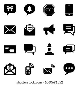 Solid vector icon set - bow message vector, merry christmas, stop road sign, phone, mail, opened, loudspeaker, chat, envelope, dialog, pawn, dollar, mobile, wireless