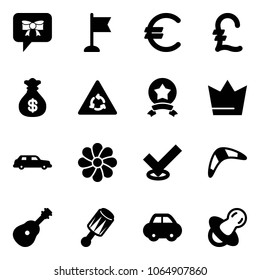 Solid vector icon set - bow message vector, flag, euro, pound, money bag, round motion road sign, star medal, crown, limousine, flower, check, boomerang, guitar, beanbag, car, soother