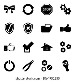 Solid vector icon set - bow vector, exchange, stop road sign, gear, shield, cross, folder, like, finger up, check, home, flower, standby button, pliers, rivet, beanbag