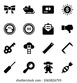 Solid vector icon set - bow vector, santa sleigh, credit card, dollar sun, limited distance road sign, speed limit 60, opened mail, dislike, key, cloud ladder, ruler, staple, awl, beanbag, doll