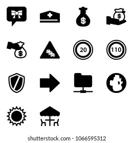 Solid vector icon set - bow message vector, doctor hat, money bag, investment, encashment, multi lane traffic road sign, speed limit 20, 110, shield, right arrow, network folder, globe, sun