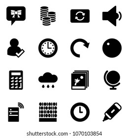 Solid vector icon set - bow message vector, coin, card exchange, low volume, user check, time, redo, record, calculator, rain cloud, photo, globe, server wireless, binary code, clock, marker