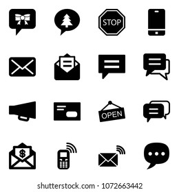 Solid vector icon set - bow message vector, merry christmas, stop road sign, phone, mail, opened, chat, loudspeaker, envelope, open, dialog, dollar, mobile, wireless