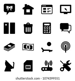 Solid vector icon set - bow message vector, home, website, monitor cursor, pause, trash bin, calculator, dialog, dollar, money, lounger, antenna, satellite, sim, wi fi router, wrench screwdriver