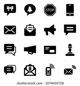 Solid vector icon set - bow message vector, merry christmas, stop road sign, phone, mail, opened, loudspeaker, chat, envelope, pawn, dialog, dollar, mobile, wireless