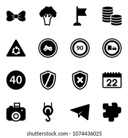 Solid vector icon set - bow vector, broccoli, flag, coin, round motion road sign, no moto, speed limit 90, truck overtake, minimal, shield, cross, calendar, camera, winch, paper plane, puzzle