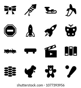 Solid vector icon set - bow vector, firework rocket, sleigh, banana, no way road sign, butterfly, cabrio, skateboard, movie flap, battery, carbon, dinosaur toy, bear, baseball bat