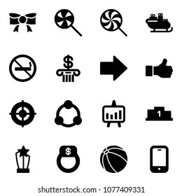 Solid vector icon set - bow vector, lollipop, santa sleigh, no smoking sign, bank, right arrow, like, target, community, presentation chart, pedestal, award, finger ring, ball, mobile phone