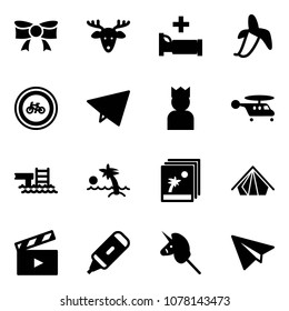 Solid vector icon set - bow vector, christmas deer, hospital bed, banana, no bike road sign, paper fly, king, helicopter, pool, palm, photo, tent, movie flap, marker, toy unicorn stick, plane