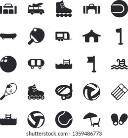 Solid vector icon set - bowling ball flat vector, skateboard, volleyball, sports flag, tennis, roller Skates, pool, table, sport bag, trailer fector, tent, chaise lounge, swimming mask, transfer