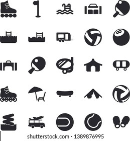 Solid vector icon set - bowling ball flat vector, skateboard, volleyball, sports flag, tennis, roller Skates, pool, table, sport bag, trailer fector, tent, chaise lounge, swimming mask, aquapark