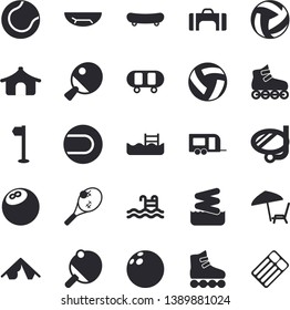 Solid vector icon set - bowling ball flat vector, skateboard, volleyball, sports flag, tennis, roller Skates, pool, table, sport bag, trailer fector, tent, sea beach, chaise lounge, swimming mask