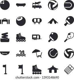 Solid vector icon set - bowling ball flat vector, skateboard, volleyball, sports flag, tennis, roller Skates, pool, table, sport bag, trailer fector, tent, sea beach, chaise lounge, aquapark
