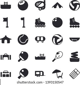 Solid vector icon set - bowling ball flat vector, skateboard, volleyball, sports flag, tennis, roller Skates, pool, table, sport bag, trailer fector, tent, sea beach, chaise lounge, swimming mask