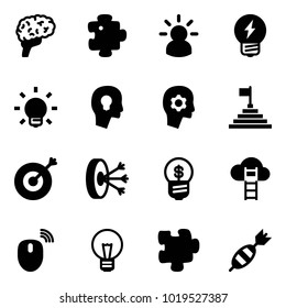 Solid vector icon set - brain vector, puzzle, idea, bulb, head, work, pyramid flag, target, solution, business, cloud ladder, mouse wireless, dart