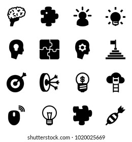 Solid vector icon set - brain vector, puzzle, idea, bulb, head, work, pyramid flag, target, solution, business, cloud ladder, mouse wireless, dart