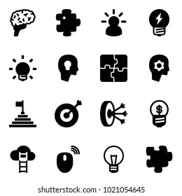 Solid vector icon set - brain vector, puzzle, idea, bulb, head, work, pyramid flag, target, solution, business, cloud ladder, mouse wireless