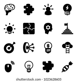 Solid vector icon set - brain vector, puzzle, idea, bulb, work, pyramid flag, target, solution, business, cloud ladder, mouse wireless, dart