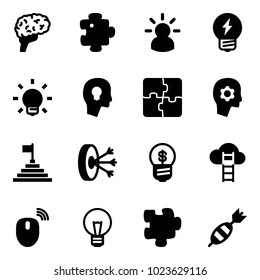 Solid vector icon set - brain vector, puzzle, idea, bulb, head, work, pyramid flag, solution, business, cloud ladder, mouse wireless, dart