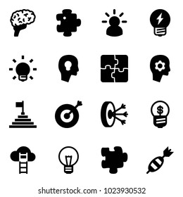 Solid vector icon set - brain vector, puzzle, idea, bulb, head, work, pyramid flag, target, solution, business, cloud ladder, dart