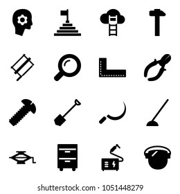 Solid vector icon set - brain work vector, pyramid flag, cloud ladder, hammer, bucksaw, magnifier, corner ruler, side cutters, screw, shovel, sickle, hoe, jack, tool cabinet, welding, protect glass