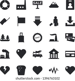 Solid vector icon set - bread flat vector, factory, forest, manufactory, credit card, flag, sell out, heart, hospital, clircle diagram, electric discharge fector, indentity, luggage, transfer