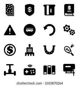 Solid vector icon set - breads vector, safe, atm, annual report, attention road sign, bus, undo, gears, dollar, bank building, luck, badminton, gyroscope, joystick wireless, battery, jig saw