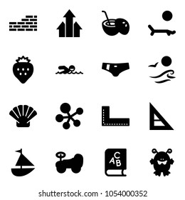 Solid vector icon set - brick wall vector, arrows up, coconut cocktail, lounger, strawberry, swimming, swimsuit, waves, shell, molecule, corner ruler, sailboat toy, baby car, abc book, monster