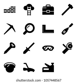 Solid vector icon set - brick wall vector, cloud ladder, case, sledgehammer, axe, magnifier, corner ruler, chisel, screw, clinch, protective glasses, Angular grinder, protect glass, lawn mower