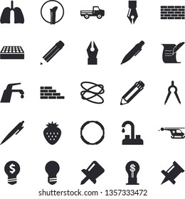 Solid vector icon set - brick wall flat vector, faucet, Strawberry, pickup truck, dividers, idea, helicopter, bone fracture, lungs, drawing pin, ink pen, pencil, bulb, hostory roll, hoop