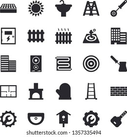 Solid Vector Icon Set - Brick Wall Flat Vector, Ladder, Sink, House Layout, Skyscraper, Switch Box, Repair, Warm Floor, Potholder, Kitchen Spoon, Turk, Induction Cooker, Gas, Nesting, Fireplace, Key